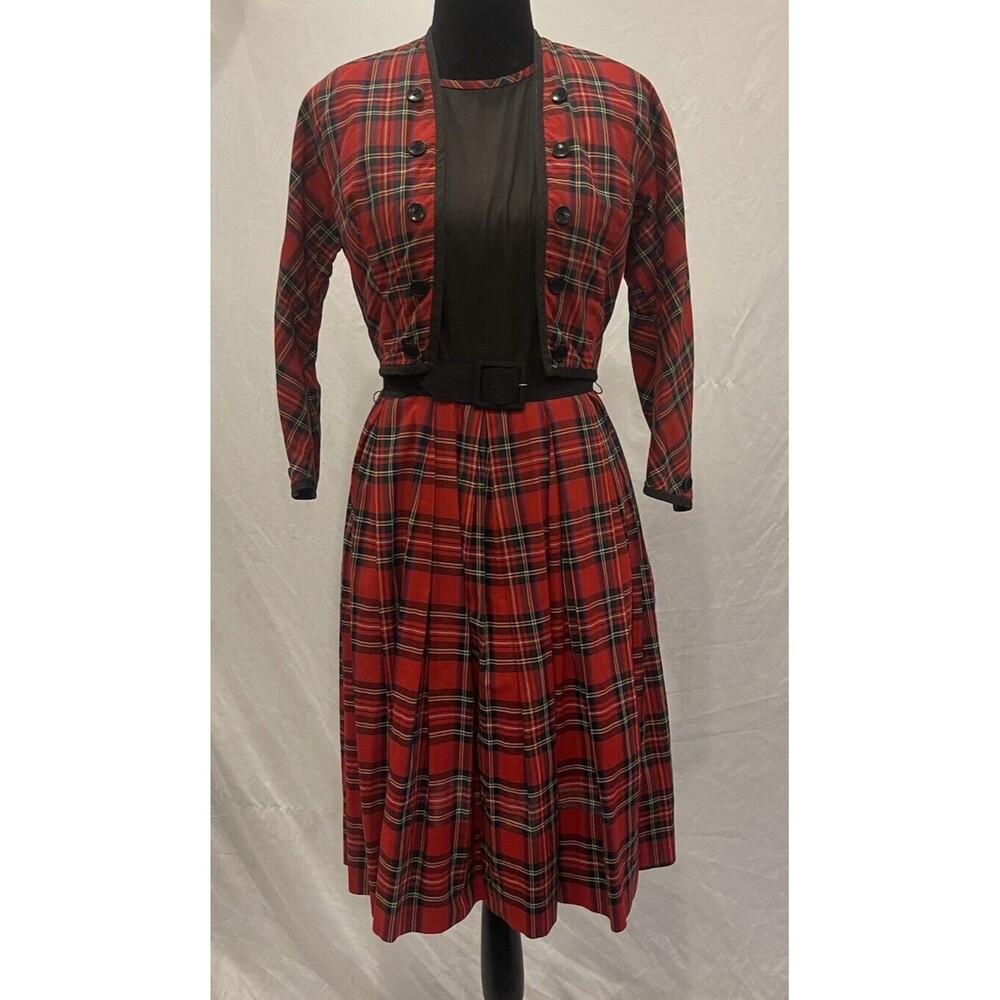 Vintage 50s/60s  red buffalo Plaid dress, Jacket and Belt Julie Clark